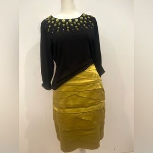 Carlisle Black & Peridot Gold Green Satin Pencil Skirt and Jeweled Sweater Sz M